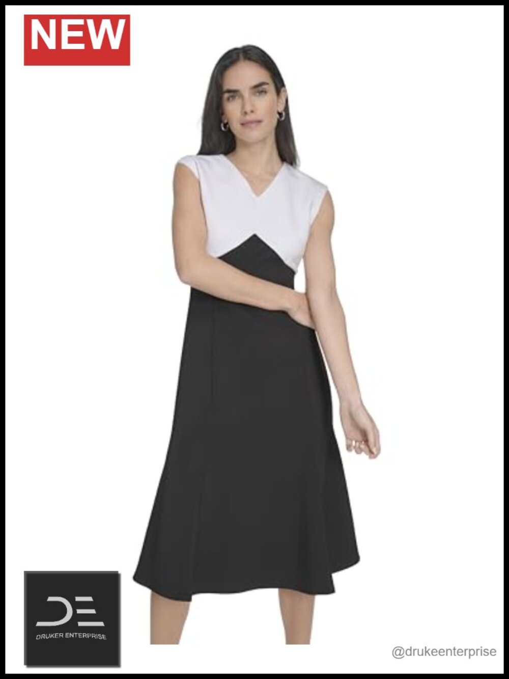 Sleeveless V-Neck Two Tone Midi Shift Dress